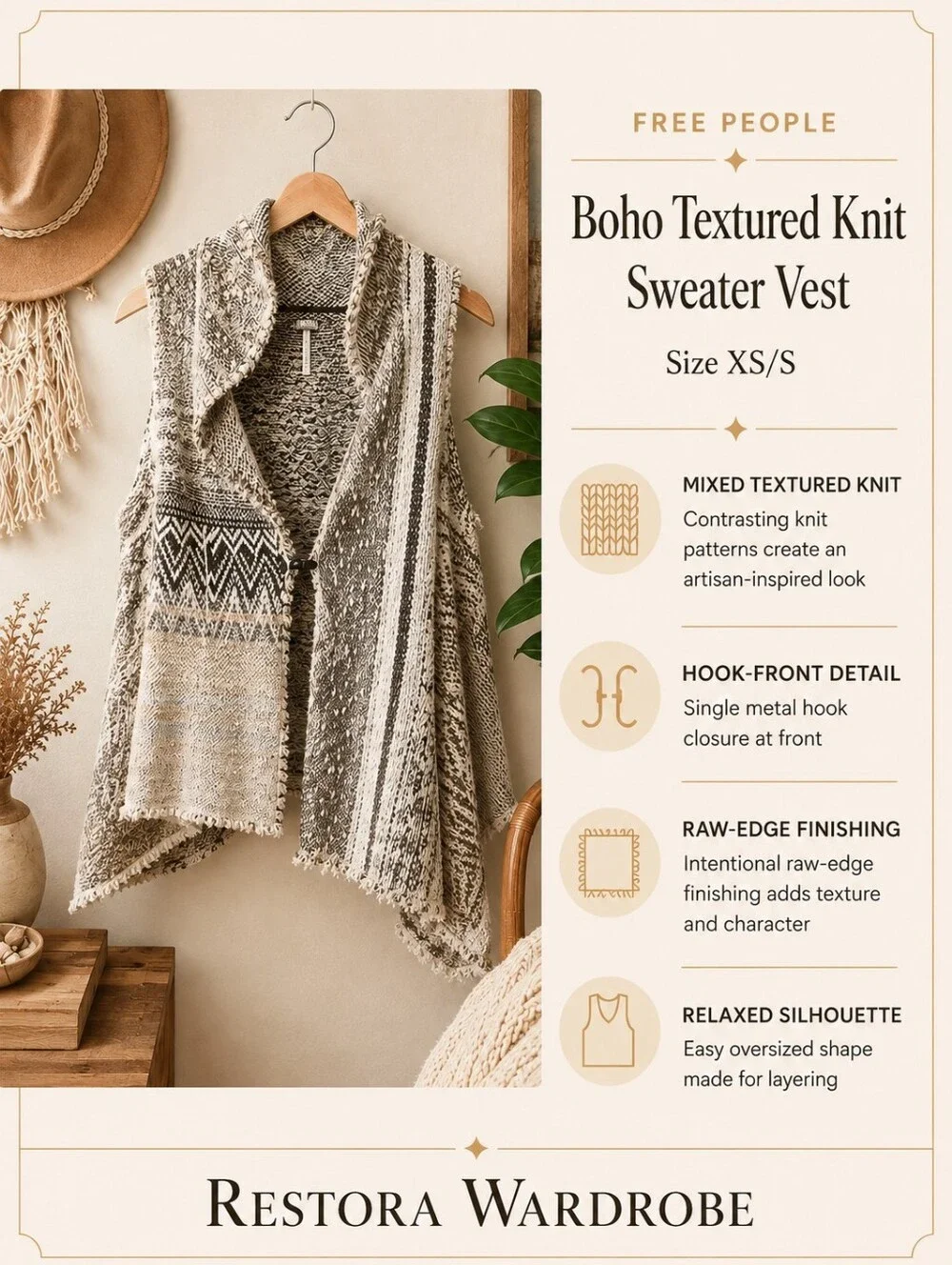 Free People Boho Textured Knit Sweater Vest Raw Edge Hook Front Oversized XS/S